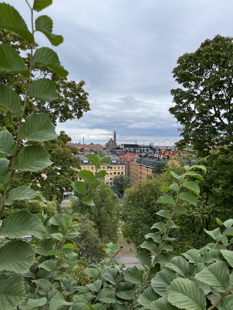 Blick von einem Park über Stockholm bei Wolken