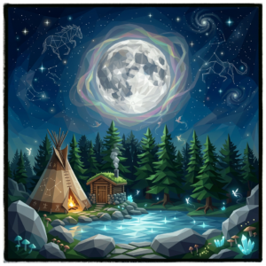 Full moon, forest, lagoon, sauna, tipi